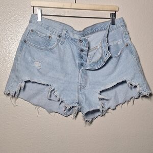 Levi's 501 Button Fly Distressed Light Blue Denim Shorts
